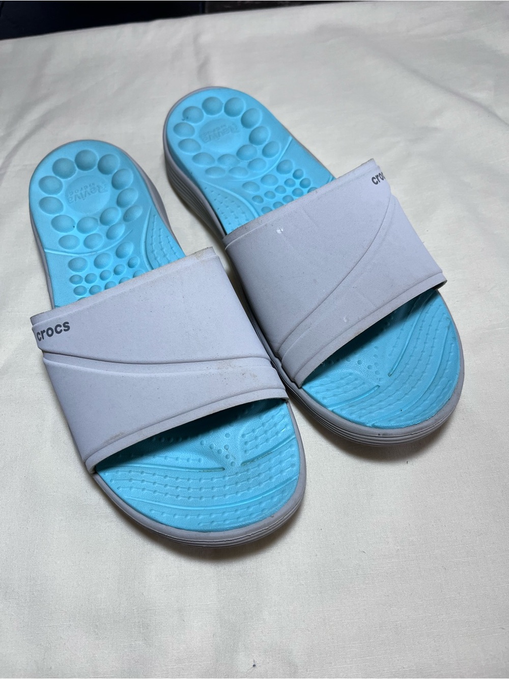 CROCS Women’s Reviva Slide Sandals in Light Blue and Dove Gray